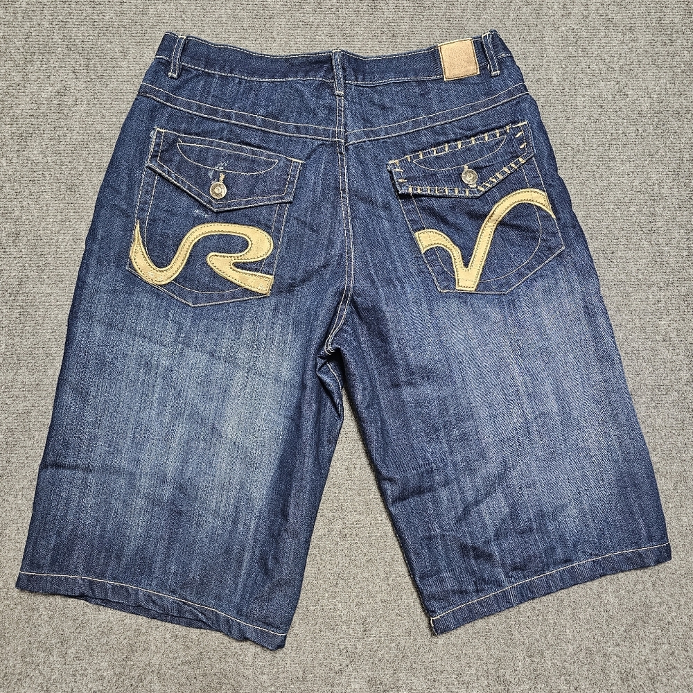 Vintage 90s Blue Seven Denim Jorts Jean Shorts BAGGY Skater Hip Hop 36x14 Mens